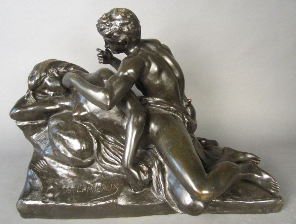 Jef Lambeaux, Belgian (1852-1908): Jef Lambeaux, Belgian (1852-1908) Patinated bronze depicting a faun waking a nymph, signed ''Jef Lambeaux'' Height: 21", Width: 27 1/2"