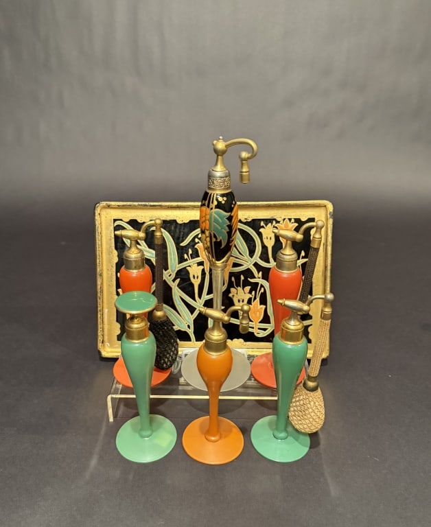 Collection Of 6 DeVilbiss Perfumes And Tray: Tray 7" x 10.25" Tallest 9.25". The Estate of the late Judy Boyd, New Jersey.STERLING ASSOCIATES STRIVES TO PROVIDE ACCURATE, OBJECTIVE, & FAIR INFORMATION ON ALL LOTS. WE WILL BE HAPPY TO ANSWER ANY 