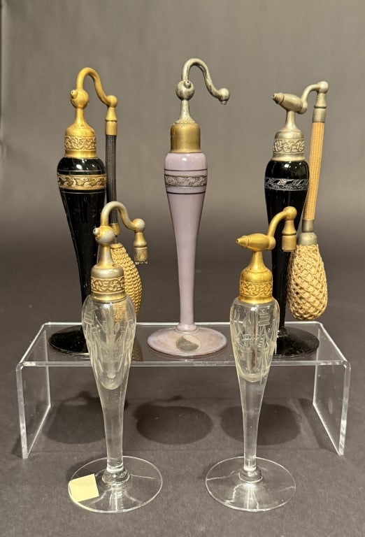 Collection Of 5 DeVilbiss Atomizers: Tallest 6.75". The Estate of the late Judy Boyd, New Jersey.STERLING ASSOCIATES STRIVES TO PROVIDE ACCURATE, OBJECTIVE, & FAIR INFORMATION ON ALL LOTS. WE WILL BE HAPPY TO ANSWER ANY QUESTIONS AND PRO