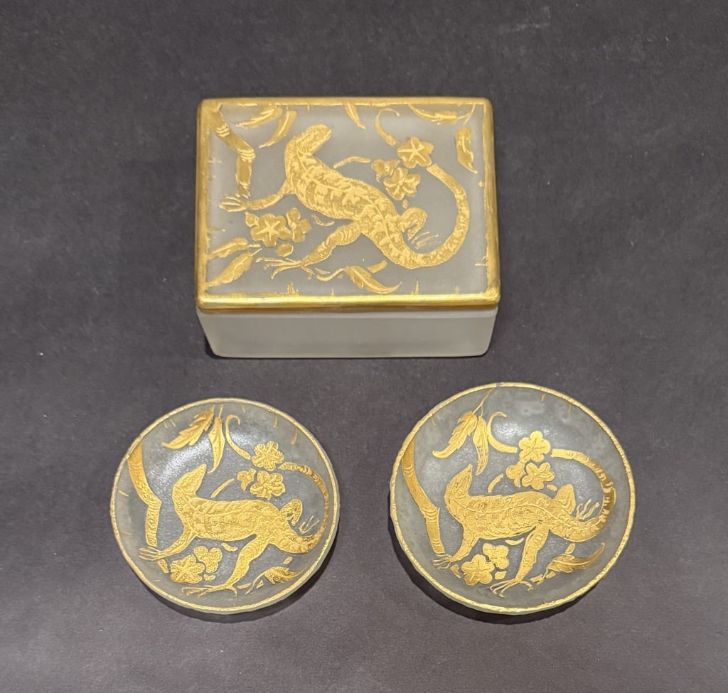 Unusual DeVilbiss Gilt Dresser Box And 2 Trays: Salamander / Reptile box 4.25" x 3.25" x 1.5". One tray 3.5". One tray 3.25". The Estate of the late Judy Boyd, New Jersey.STERLING ASSOCIATES STRIVES TO PROVIDE ACCURATE, OBJECTIVE, & FAIR INFORMATIO