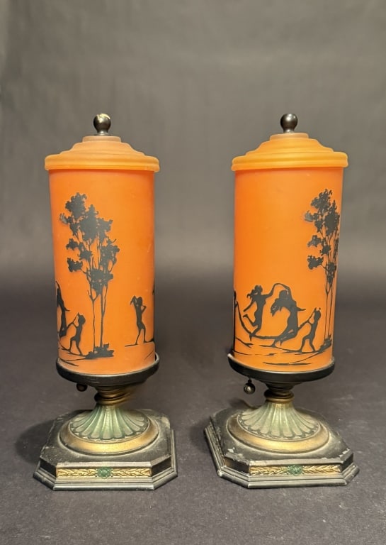 Pair Of DeVilbiss Art Deco Perfume Lamps: Pair of orange and black decorated perfume lamps. 11" x 4.5" x 4.5". The Estate of the late Judy Boyd, New Jersey.STERLING ASSOCIATES STRIVES TO PROVIDE ACCURATE, OBJECTIVE, & FAIR INFORMATION ON ALL 
