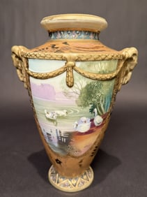 Nippon Scenic Gilt Vase With Rams Heads