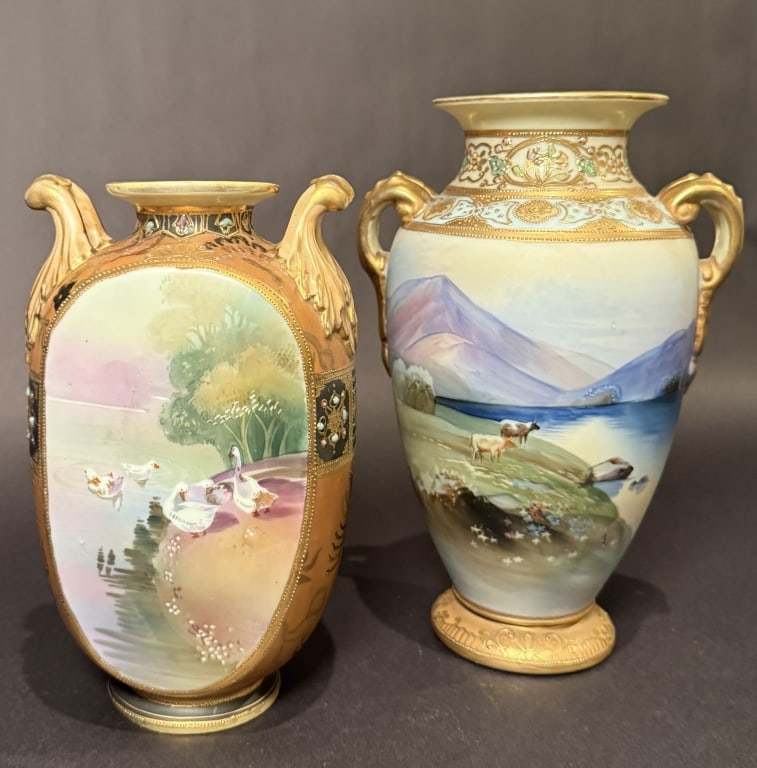 2 Nippon Gilt Senic Vases: Height cows 10.5". Height ducks 9". The Estate of the late Judy Boyd, New Jersey.STERLING ASSOCIATES STRIVES TO PROVIDE ACCURATE, OBJECTIVE, & FAIR INFORMATION ON ALL LOTS. WE WILL BE HAPPY TO ANSWER