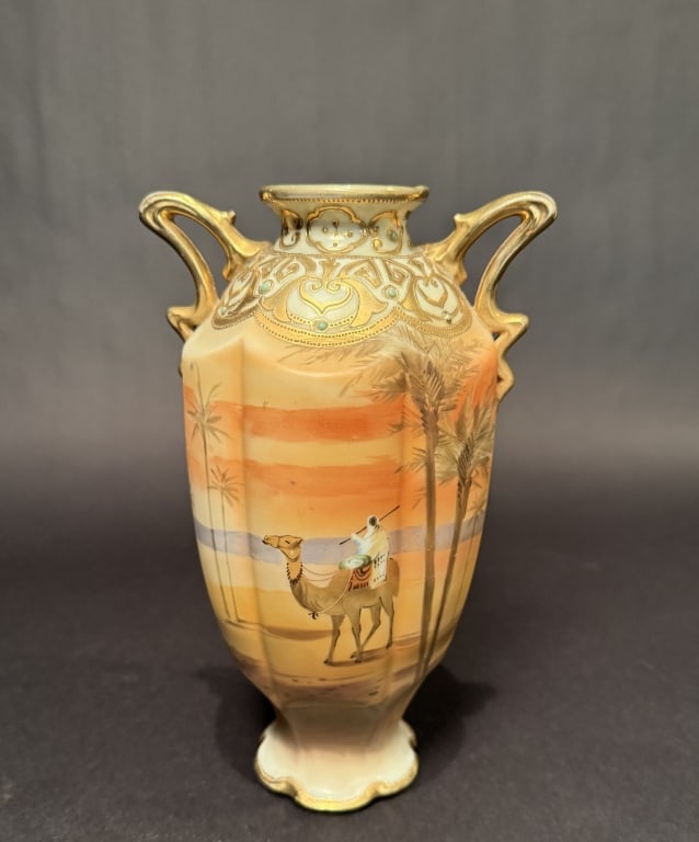 Nippon Vase With Camel Rider: Height 9.25". The Estate of the late Judy Boyd, New Jersey.STERLING ASSOCIATES STRIVES TO PROVIDE ACCURATE, OBJECTIVE, & FAIR INFORMATION ON ALL LOTS. WE WILL BE HAPPY TO ANSWER ANY QUESTIONS AND PROV