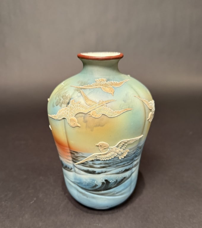 Nippon Moriaga Vase With Birds: Height 7.25". The Estate of the late Judy Boyd, New Jersey.STERLING ASSOCIATES STRIVES TO PROVIDE ACCURATE, OBJECTIVE, & FAIR INFORMATION ON ALL LOTS. WE WILL BE HAPPY TO ANSWER ANY QUESTIONS AND PROV