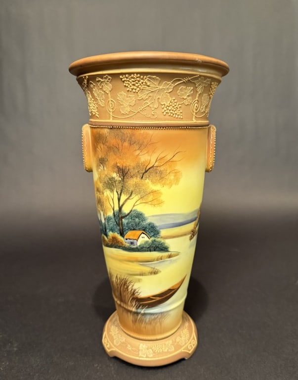 Nippon Scenic Vase: Height 11". The Estate of the late Judy Boyd, New Jersey.STERLING ASSOCIATES STRIVES TO PROVIDE ACCURATE, OBJECTIVE, & FAIR INFORMATION ON ALL LOTS. WE WILL BE HAPPY TO ANSWER ANY QUESTIONS AND PROVID