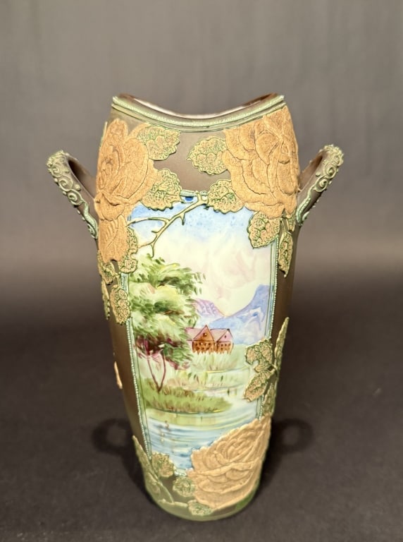 Nippon Moriaga Scenic Vase: Heavy applications Height 10". The Estate of the late Judy Boyd, New Jersey.STERLING ASSOCIATES STRIVES TO PROVIDE ACCURATE, OBJECTIVE, & FAIR INFORMATION ON ALL LOTS. WE WILL BE HAPPY TO ANSWER ANY Q