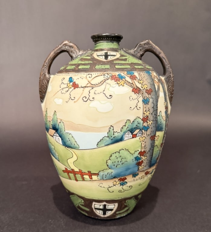 Nippon "Dark Woodland" Vase: Height 9.5". The Estate of the late Judy Boyd, New Jersey.STERLING ASSOCIATES STRIVES TO PROVIDE ACCURATE, OBJECTIVE, & FAIR INFORMATION ON ALL LOTS. WE WILL BE HAPPY TO ANSWER ANY QUESTIONS AND PROVI