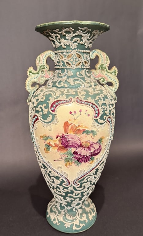 Nippon Moriaga Two Handled Vase: Height 18.5". The Estate of the late Judy Boyd, New Jersey.STERLING ASSOCIATES STRIVES TO PROVIDE ACCURATE, OBJECTIVE, & FAIR INFORMATION ON ALL LOTS. WE WILL BE HAPPY TO ANSWER ANY QUESTIONS AND PROV