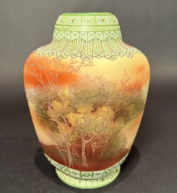 Nippon Scenic Vase: 4 rounded sides for subtle shaped Moriaga vase. Cherry blossom. Height 8.5". The Estate of the late Judy Boyd, New Jersey.STERLING ASSOCIATES STRIVES TO PROVIDE ACCURATE, OBJECTIVE, & FAIR INFORMATION