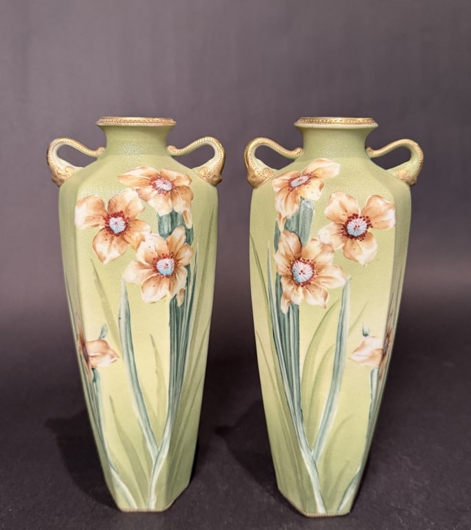 Pair Of Nippon Royal Kinjo Art Nouveau Vases: Pair of textured Shark skin/salt glaze floral vases.Patent 1910. Height 10.5". The Estate of the late Judy Boyd, New Jersey.STERLING ASSOCIATES STRIVES TO PROVIDE ACCURATE, OBJECTIVE, & FAIR INFORMATI