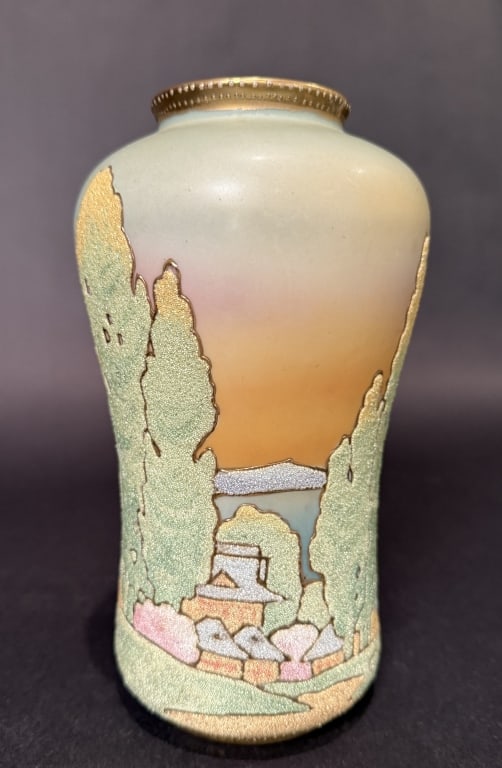 Nippon Coralene Vase: Lakeside village scene with trees.Pat. 1909. Height 9". The Estate of the late Judy Boyd, New Jersey.STERLING ASSOCIATES STRIVES TO PROVIDE ACCURATE, OBJECTIVE, & FAIR INFORMATION ON ALL LOTS. WE WILL