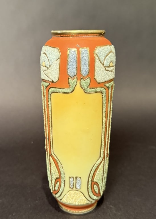 Nippon Art Deco Coralene Vase: Patent 1909. Height 7.25". The Estate of the late Judy Boyd, New Jersey.STERLING ASSOCIATES STRIVES TO PROVIDE ACCURATE, OBJECTIVE, & FAIR INFORMATION ON ALL LOTS. WE WILL BE HAPPY TO ANSWER ANY QUEST