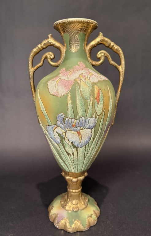 Nippon Coralene Vase: Large 2 section floral coralene vase with handles.patent 1909. Height 15.25". The Estate of the late Judy Boyd, New Jersey.STERLING ASSOCIATES STRIVES TO PROVIDE ACCURATE, OBJECTIVE, & FAIR INFORMATIO