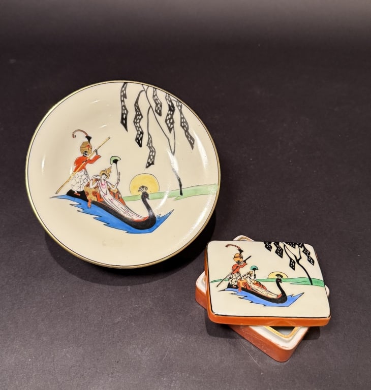 Noritake Art Deco Lady Pedestal Bowl And Box: This is a beautiful vintage Noritake Art Deco bowl, red mark, in excellent condition! This piece is pictured in the Noritake Art Deco book. It features a lady being rowed by a blackamoor in a peacock