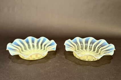 2 Yellow Vaseline Opalescent Art Glass Bowls