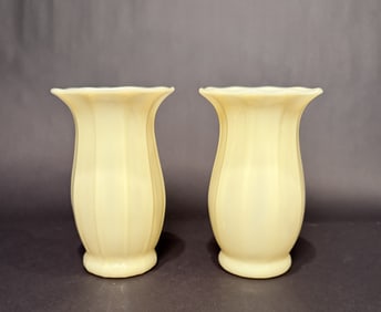 2 Steuben Ivory Optic Rib Art Glass Vases