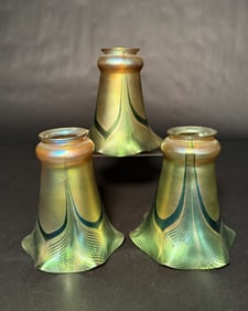 Set Of 3 Steuben Iridescent Pulled Feather Shades
