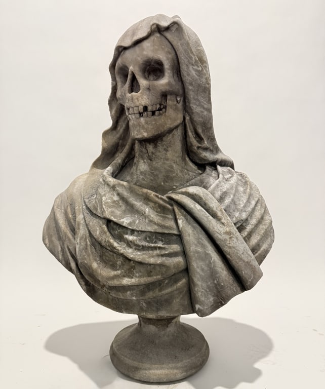 Memento Mori Marble Bust: 31'" x 23" x 12". These rare items belonged to a distinguished Doctor who split his time between the vibrant streets of New Orleans and the romantic avenues of Paris..Each piece tells a story of his t