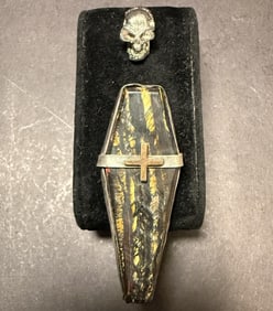 Coffin Form Brooch Pin And Skull Charm