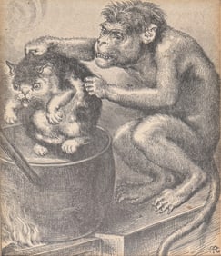 Antique Print Monkey Bathing Cat