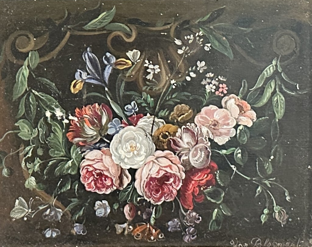 European School, Floral Still Life, O/B Signed: Continental O/B, floral still life signed Van Bloemaut? Framed Dimensions 16" x 14" STERLING ASSOCIATES STRIVES TO PROVIDE ACCURATE, OBJECTIVE, & FAIR INFORMATION ON ALL LOTS. WE WILL BE HAPPY TO ANSW