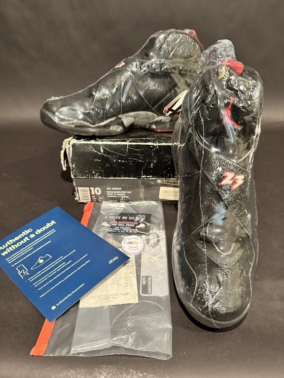 Nike Air Jordan 8 OG Playoff: Black-Black-True RedRelease date 1993Size 10Used (as is) in boxEbay CertShrink wrapped w/receiptSTERLING ASSOCIATES STRIVES TO PROVIDE ACCURATE, OBJECTIVE, & FAIR INFORMATION ON ALL LOTS. WE WILL BE H
