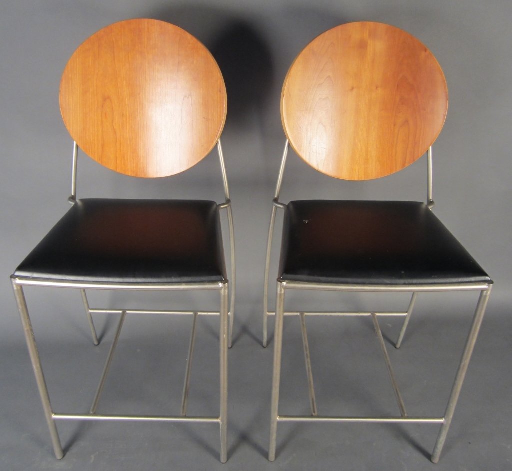 Dakota Jackson, Vik-ter II Cushioned Counter Stool: Pair Vik-ter II Cushioned Counter Stools with welded steel frames. Wrapped padded seat and wood back with natural maple laminated finish. Height: 41 1/4", Width: 17 1/2"