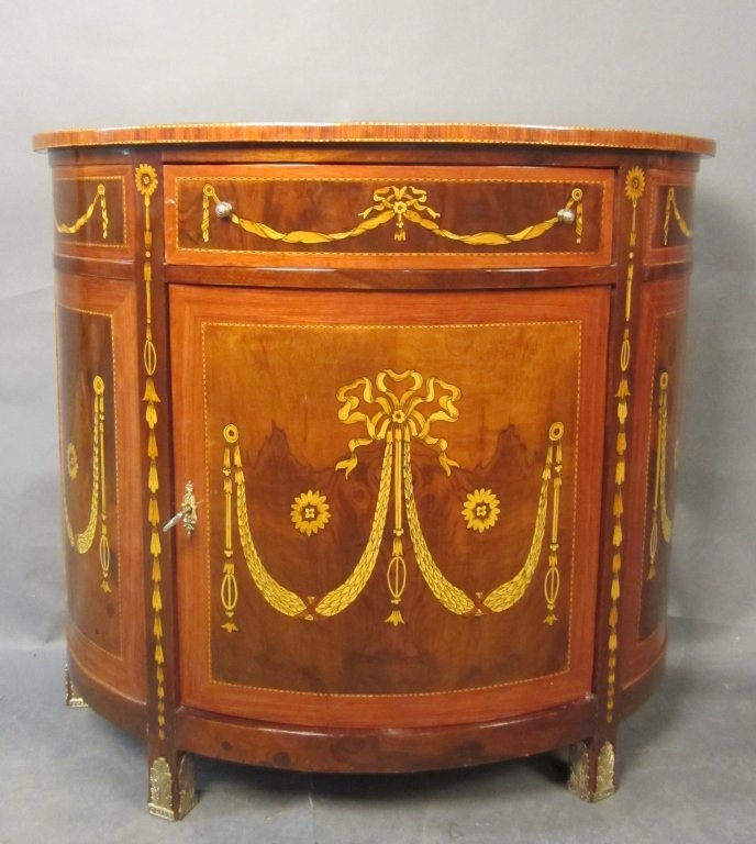 Half Round Buffet w/ Painted Front: Half round buffet w/ painted front and inlaid parquetry border on top. Height: 34 3/4", Width: 39"