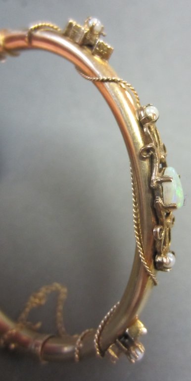14Kt, Opal & Pearl Bangle Bracelet: 14Kt, opal & pearl bangle bracelet