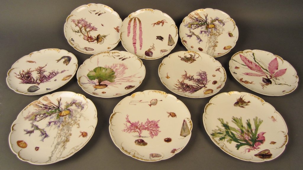 Haviland & Company, Set of 10 Limoge Plates: Haviland & Company, manufactured circa 1888-1896. Set of 10 extremely beautiful limoge plates decorated with sea and plant life. Gilded rim & accents on a snow white ground. Diameter: 8 1/2"