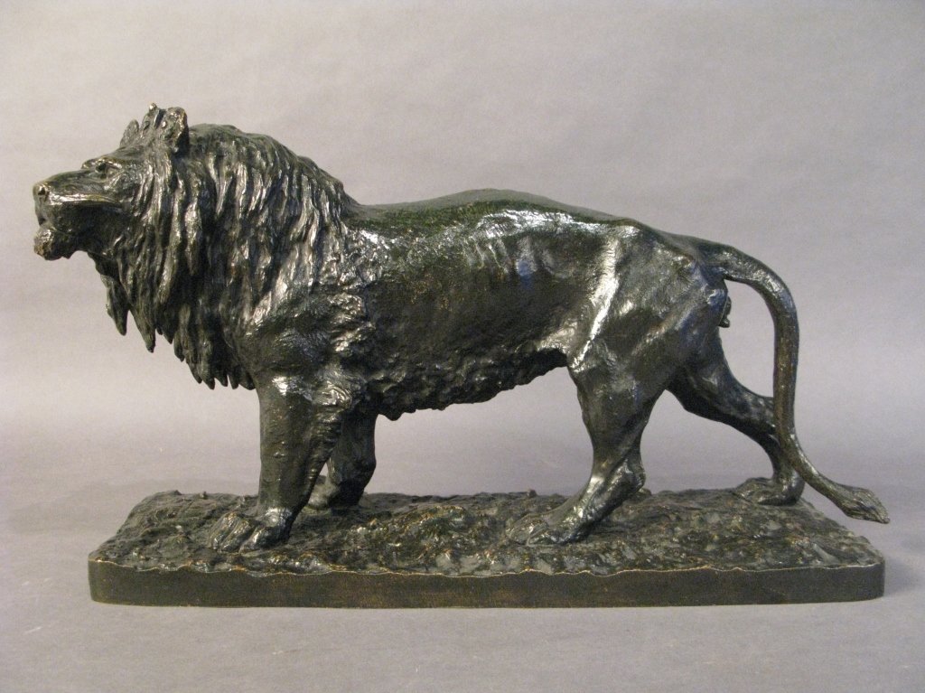 Signed Fratin Antique Bronze Lion: Christophe Fratin (1801 - 1864) French Striding lion signed: Fratin Height: 12", Length: 22 1/2"