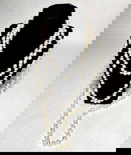 Collection Of 3 Pearl Necklaces: 3 pearl necklaces with yellow gold clasps marked 14K. Length approx. 36", 24" and 18". Bead dia. approx. 9.4mm.STERLING ASSOCIATES STRIVES TO PROVIDE ACCURATE, OBJECTIVE, & FAIR INFORMATION ON ALL