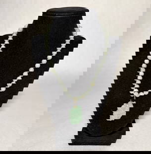 14K Gold Beaded Jade Necklace With Pendant: Jade beaded necklace with yellow gold clasp marked 14K. Length approx. 18". Pendant 1.5" x 1". Beads dia. approx. 8.1mm.STERLING ASSOCIATES STRIVES TO PROVIDE ACCURATE, OBJECTIVE, & FAIR INFORMATION