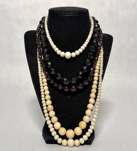 Collection Of 5 Beaded Necklaces: Acrylic and bone beaded necklaces.Yellow gold clasps marked 14K.1 clasp marked 10K.1 Clasp gold filled. Length approx. 13", 16.5", 18", 22.5" and 24.5". Beads dia. approx. 4.2-13.8mm.STERLING