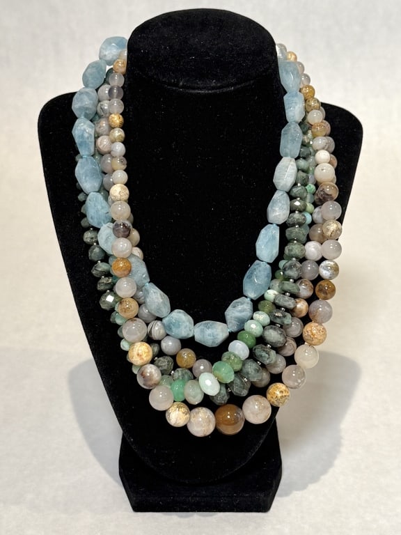Collection of 5 Stone Necklaces: Stone beaded necklaces with sterling Silver clasps. Marked 925. Length approx. 15.5", 16.5", 18.5", 19" and 19.5". Beads dia. approx. 2.3-15.5mm.STERLING ASSOCIATES STRIVES TO PROVIDE ACCURATE, OBJECT