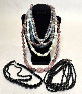 Collection Of 8 Stone Necklaces: Stone beaded necklaces with sterling silver clasps. Marked 925. Lengths approx. 5@ 17", 30", 14", 19". Beads dia. approx. 5.7mm-16.0mm. Largest oval 19.9mm x 30.0mm.STERLING ASSOCIATES STRIVES TO