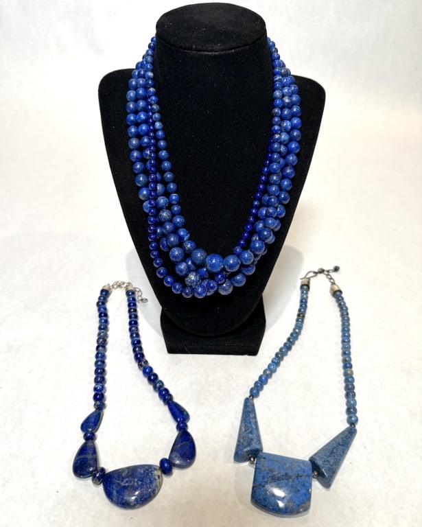 Collection Of 6 Lapis Lazuli Necklaces: Lapis lazuli beaded necklaces with sterling silver clasps. Marked 925. Lengths approx. 3@17', 3@ 20".Beads dia. approx. 4.3mm-14mm.Largest pendant stone approx. 1.3" x 1.3".STERLING ASSOCIATES STRIVES