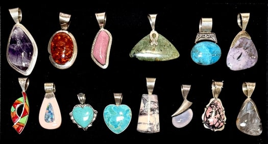 Collection Of 14 Sterling And Stone Pendants