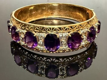 18K Gold, Diamond and Amethyst Bangle Bracelet
