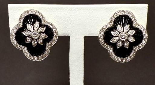 18K Gold Diamond And Onyx Earrings