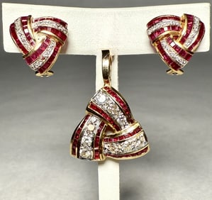 18K Gold, Diamond And Ruby Earrings And Pendant