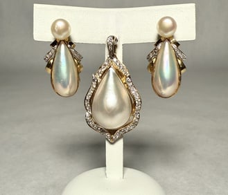 14K Gold Pearl And Diamond Pendant And Earrings