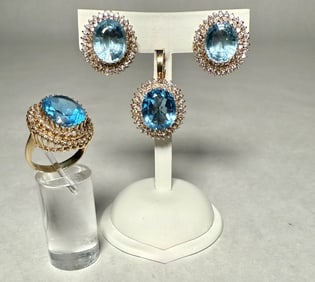14K Gold, Diamond And Blue Topaz Jewelry Set