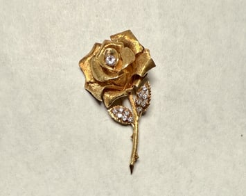 18K And Diamond Rose Form Brooch Pin