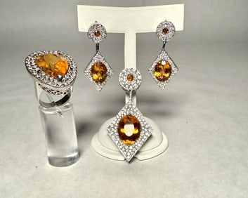 14K Gold, Diamond And Citrine Jewelry Set