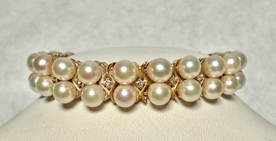 14K Gold, Diamond And Pearl Bracelet