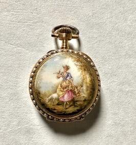 18K Gold, Pearl And Enamel Pendant Watch