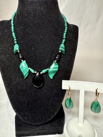 14K Gold. Malachite And Onyx Earrings And Necklace