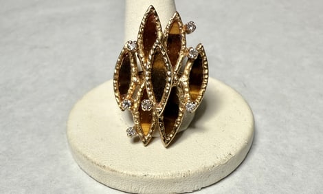 14K Gold, Diamond And Tiger Eye Ring